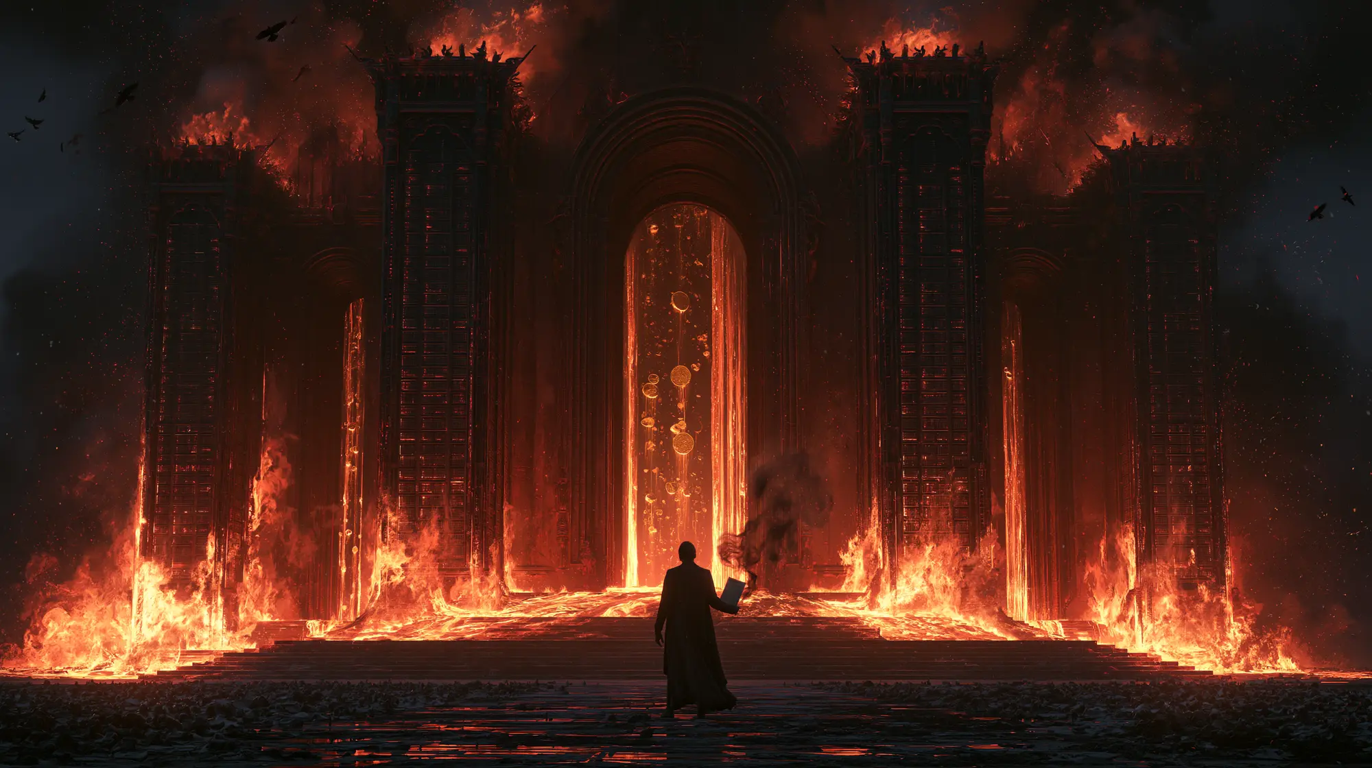 Ein monumentales Rechenzentrum in Gestalt Walhalls steht in Flammen. Geschmolzene goldene Tokens strömen durch das Tor nach draußen. Davor eine einzelne Gestalt mit einer rauchenden Rechnung in der Hand.