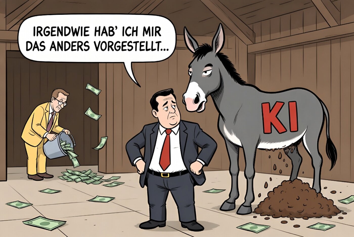 Remake des Computerwoche-Cartoons: Ein Esel mit der Aufschrift KI wird vorne mit Geldscheinen gefüttert, hinten das bekannte Ergebnis. Ein Manager staunt: Irgendwie hab ich mir das anders vorgestellt.